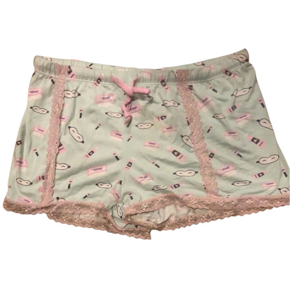 Mint green with pastel pink pajama novelty print sleep mask lounging shorts size
